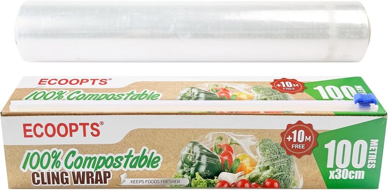 ECOOPTS 100% Compostable Plastic Cling Wrap Dispenser With Slide Cutter 12 inch Food Service Cling Film Wrap Roll - 12" x 360 Ft ECO friendly Food Wrap(The Slide Cutter stored in The Inner core of The roll) - Image 1
